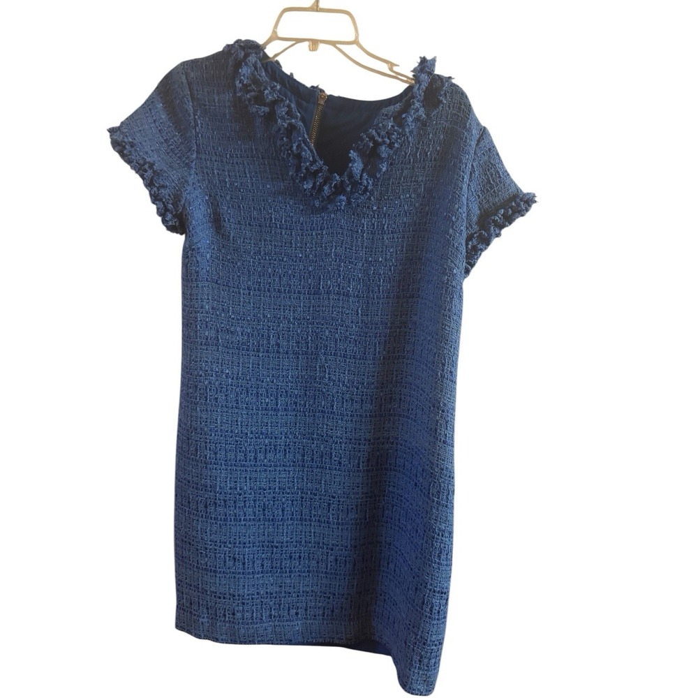 Sara Campbell Blue Tweed Retro Shift Dress Sz 10 Fringed Neckline & Sleeve Hems